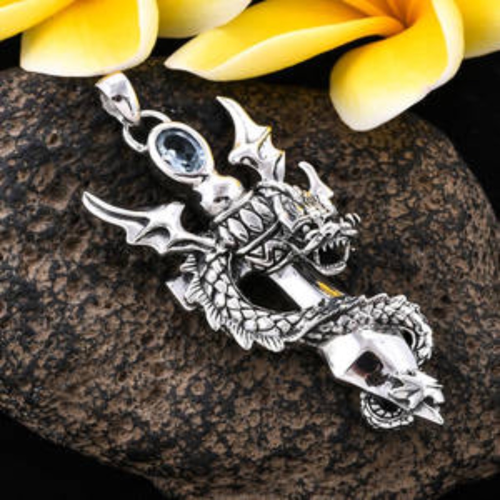 Handcrafted In Bali 925ss Dragon/Blue Topaz Neckla